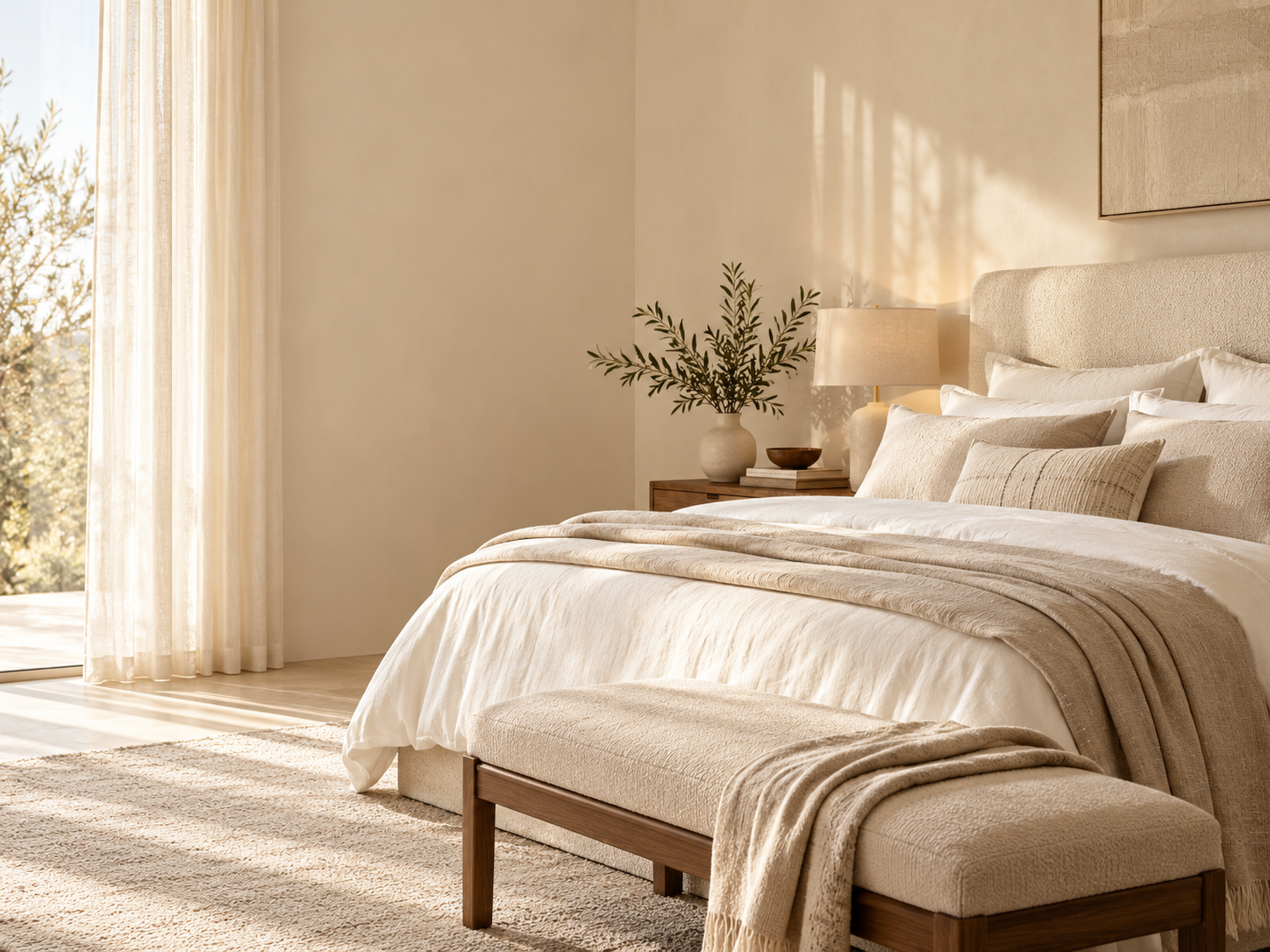 Warm neutral bedroom with layered bedding, soft natural light and walnut accents