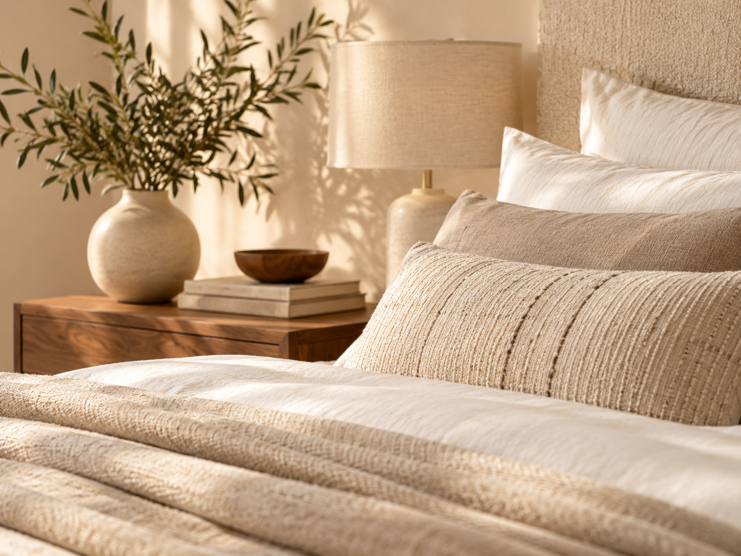 Close-up of textured neutral bedding and bedside styling in warm natural light