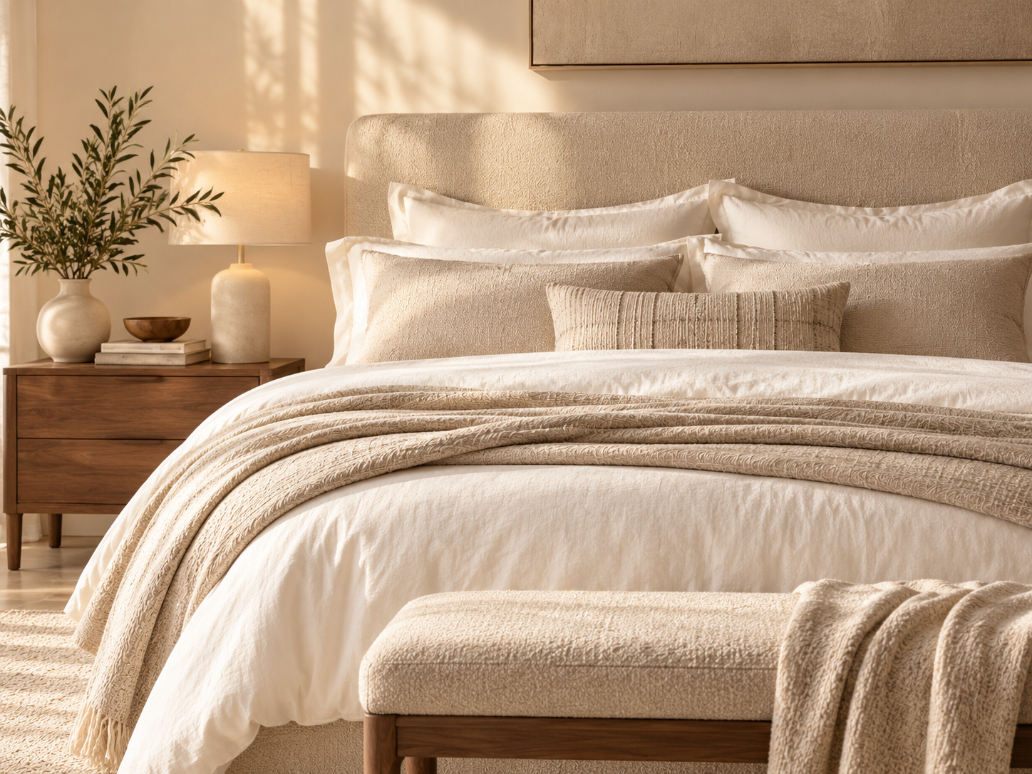 Layered ivory and beige bedding styled in a warm, refined bedroom