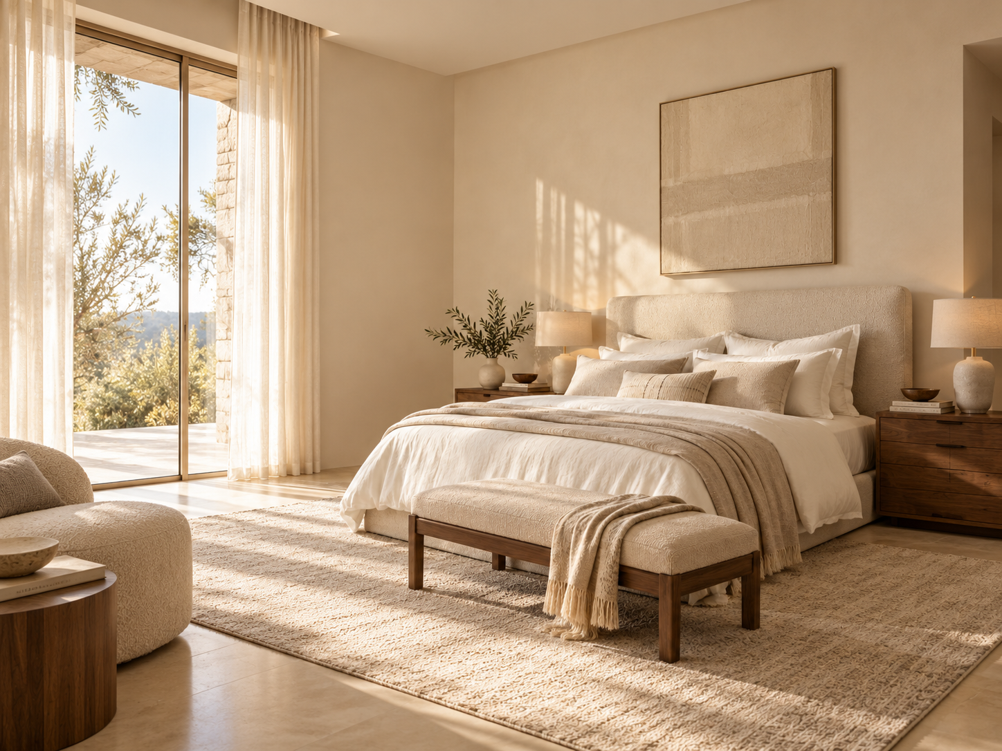 Sunlit bedroom interior with neutral bedding, natural textures and walnut furniture