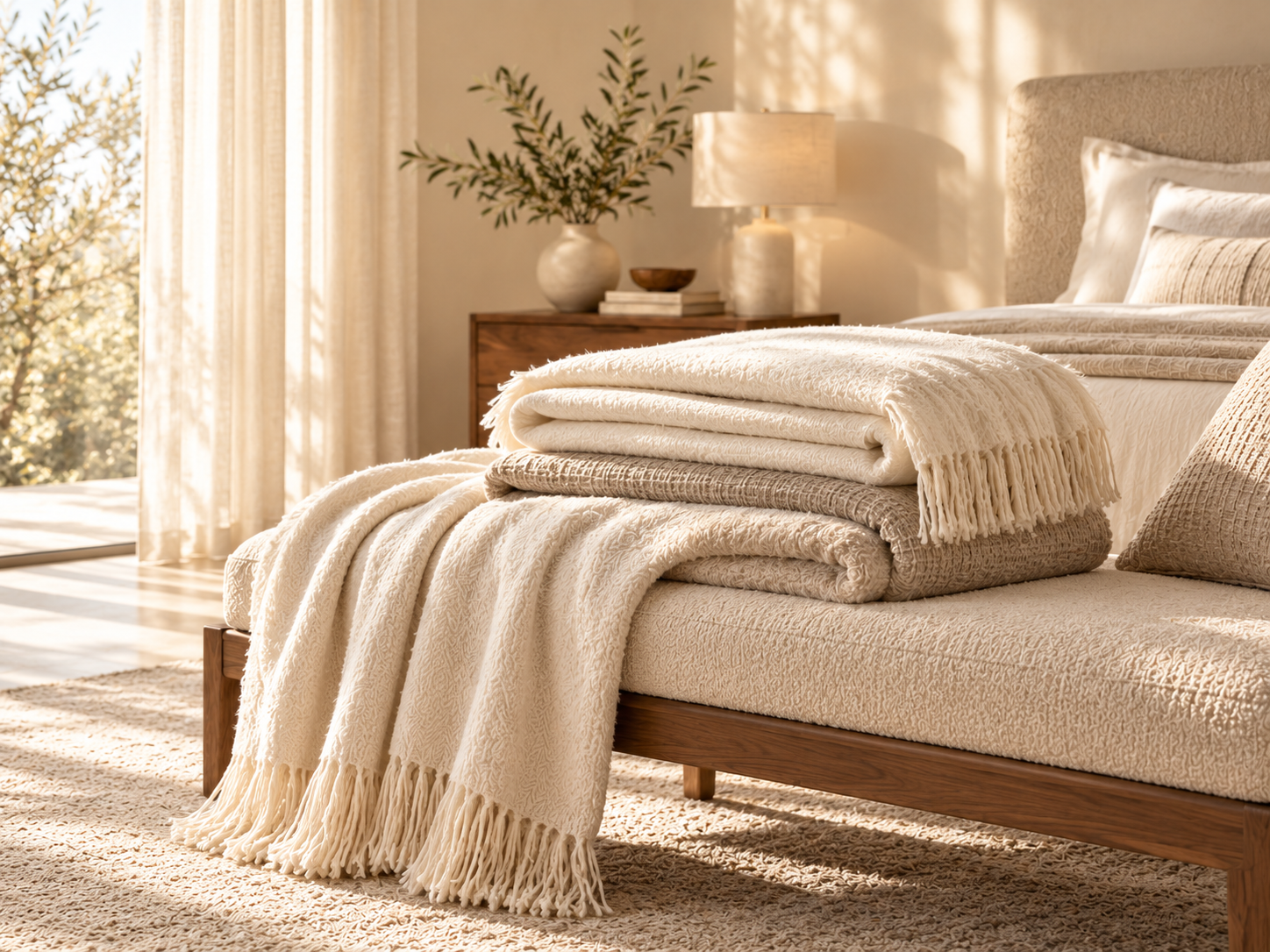 Folded neutral blankets styled on a bench in warm natural light