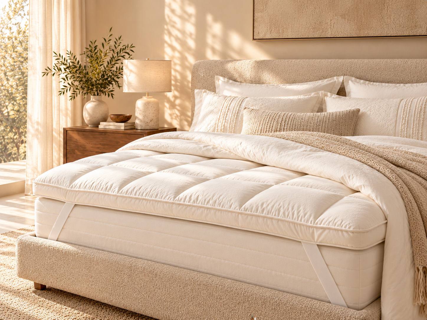 Mattress topper styled on a bed in a warm neutral bedroom setting