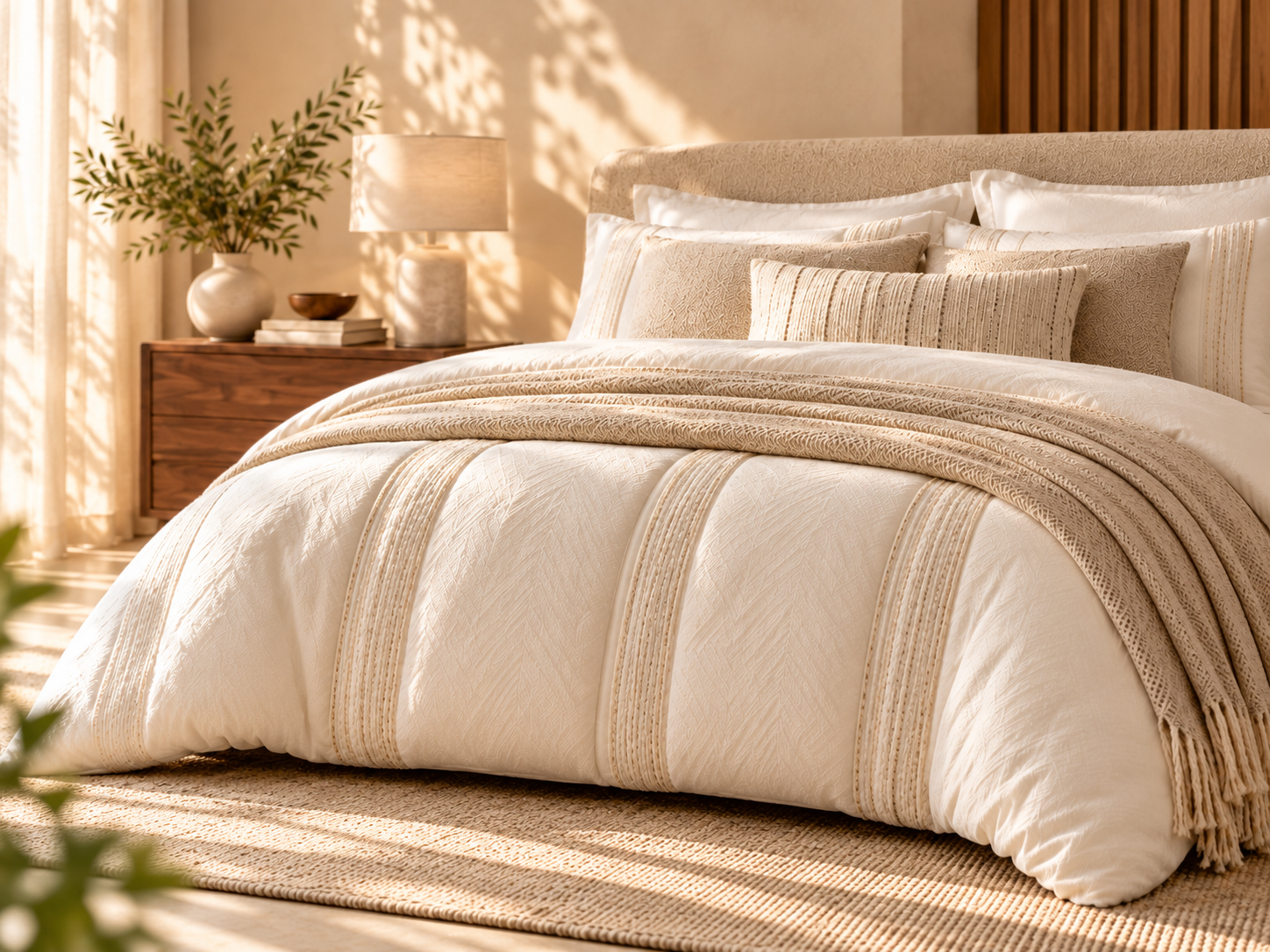 Styled comforter set with layered pillows and bedding