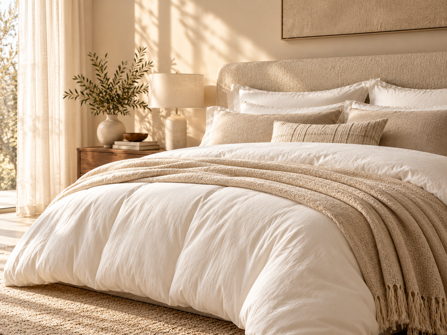 Plush ivory duvet layered with warm neutral bedding in a sunlit bedroom