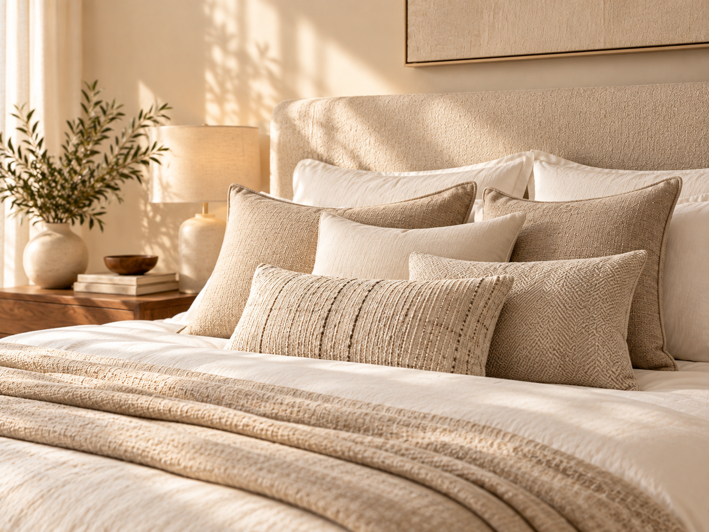 Layered decorative pillows styled in a warm neutral bedroom