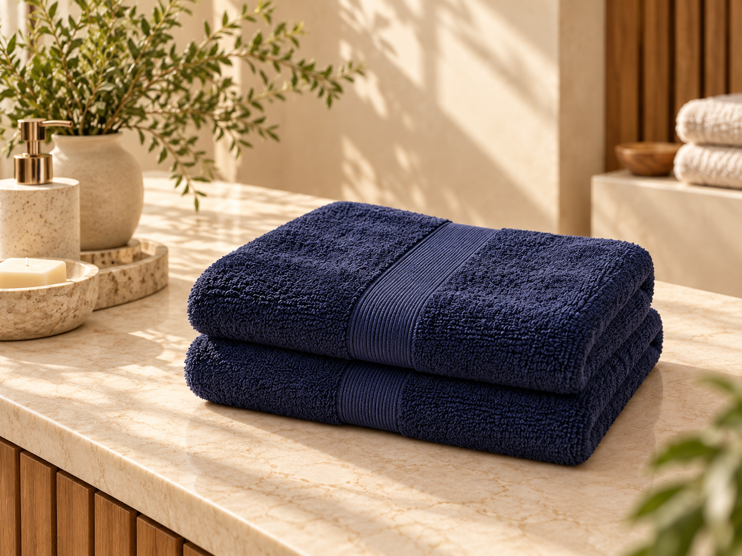 Folded navy cotton towel in a warm, softly lit bathroom setting