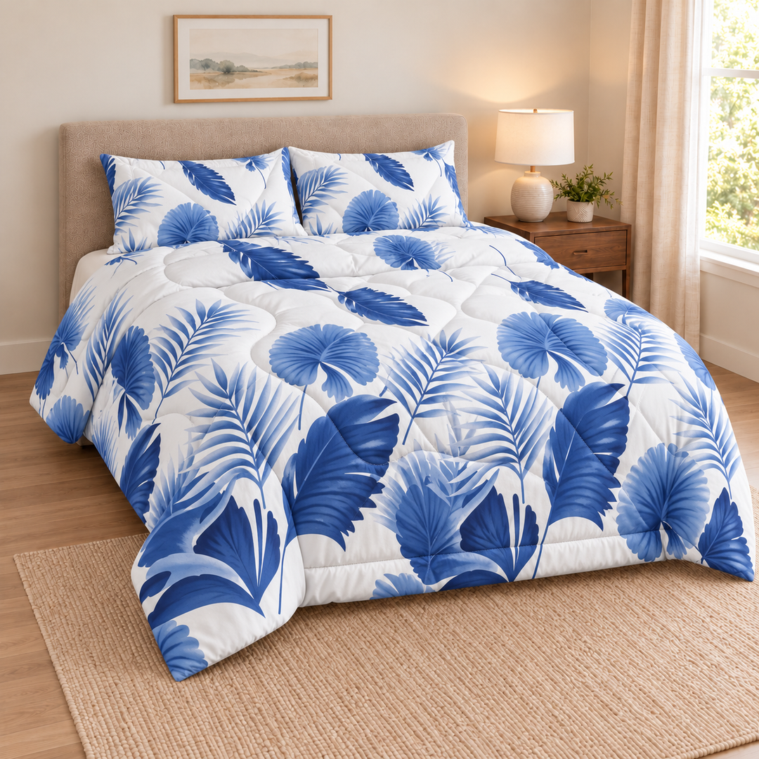 Rabee Printed Comforter Set · White Botanical / Navy Blue Leaves · 240 × 260 cm · 6-Piece Set