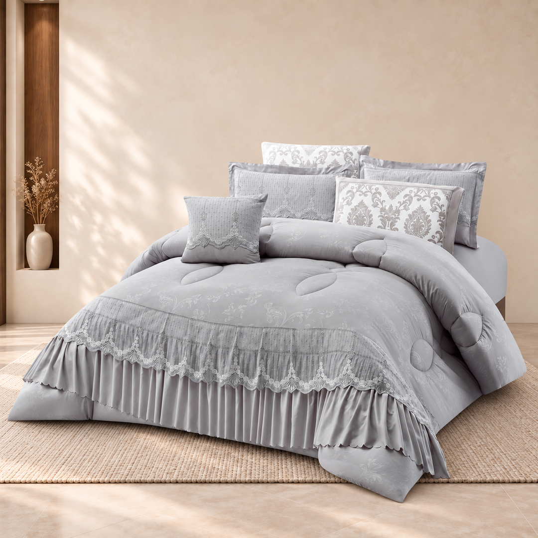Banu Comforter Set · Gray · 240 × 260 cm · 8-Piece Set