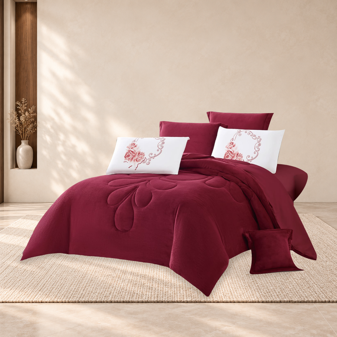 JOJO Cotton Comforter Set · Burgundy · 240 × 260 cm · 8-Piece Set